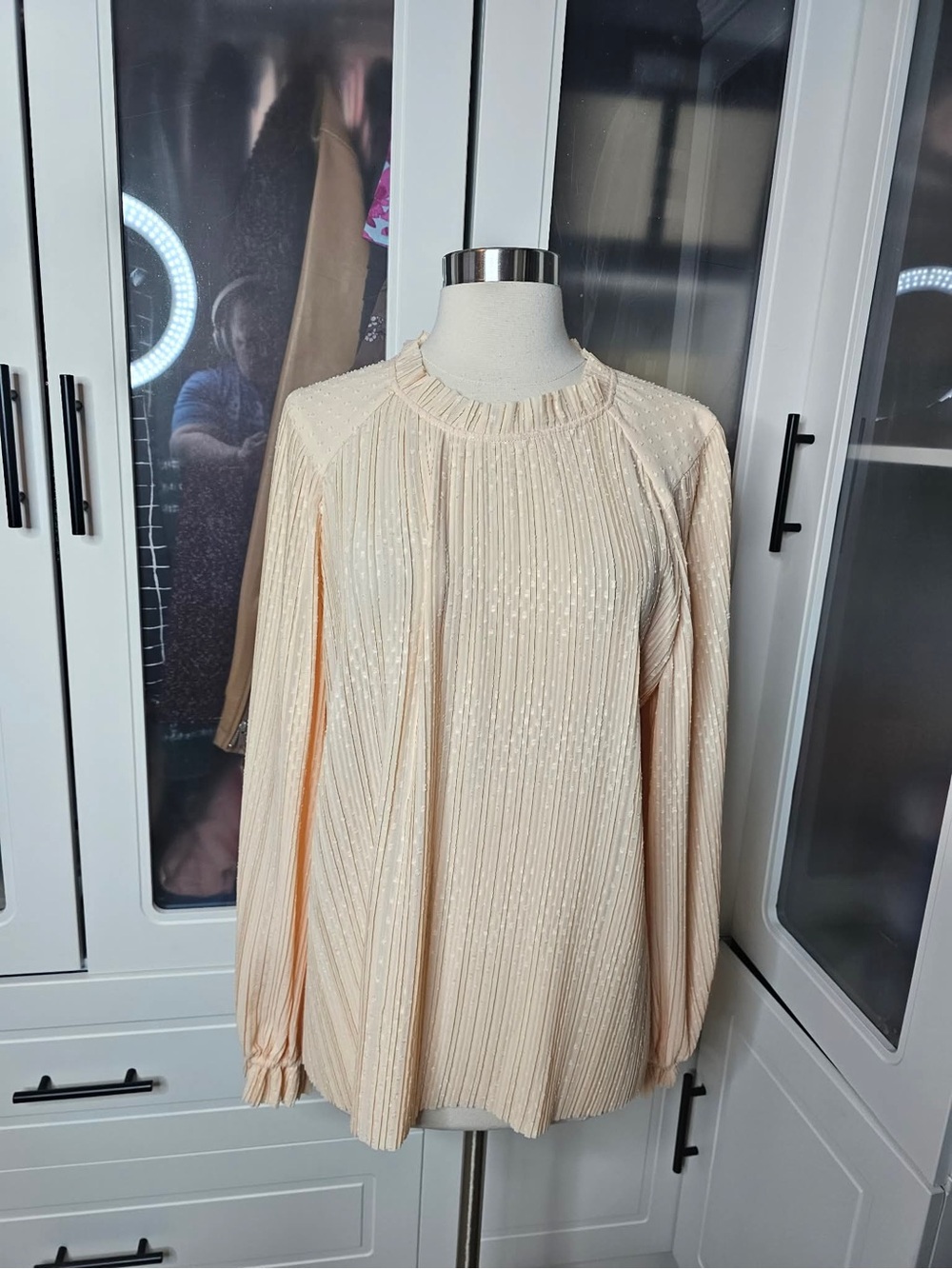 Sezane Cream Pleated Long-Sleeve Blouse
